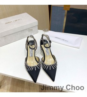 Jimmy Choo Saeda 85 Pompes De Femmes En Satin Avec Cristal De Miel De La Chaîne Noir