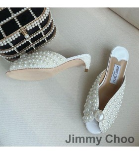 Jimmy Choo Samantha 35 Mules Femme En Cuir Avec Des Perles Toutes Plus Blanc