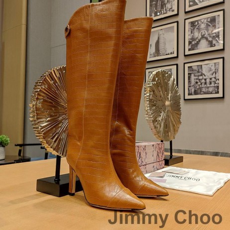 Jimmy Choo Alizze 90 Knie Stiefel Frauen Krokodil Prägung Leder Braun