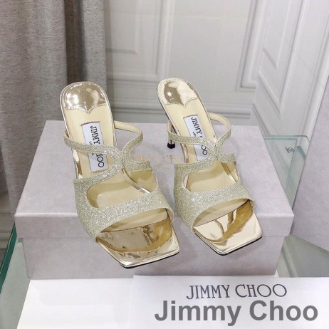 Jimmy Choo Anis 85 Heels Slides Frauen Glitter Stoff Grau/Gold
