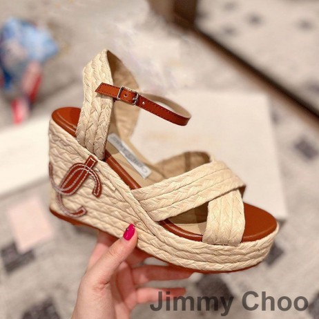 Jimmy Choo Dellena 95 Keile Frauen Natürliche Raffia-Mit JC-Monogramm Beige