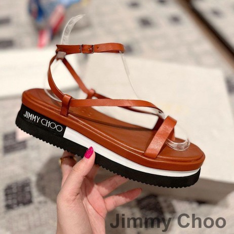 Jimmy Choo Kiefer-Plattform Flache Sandalen Frauen Vachetta-Leder Braun