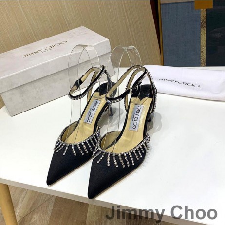 Jimmy Choo Saeda 85 Pumps Damen Satin Mit Kristall-Honig-Kette Schwarz