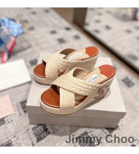 Jimmy Choo Dovina 95 Keil Rutschen Frauen Natürliche Raffia-Mit JC-Monogramm Beige