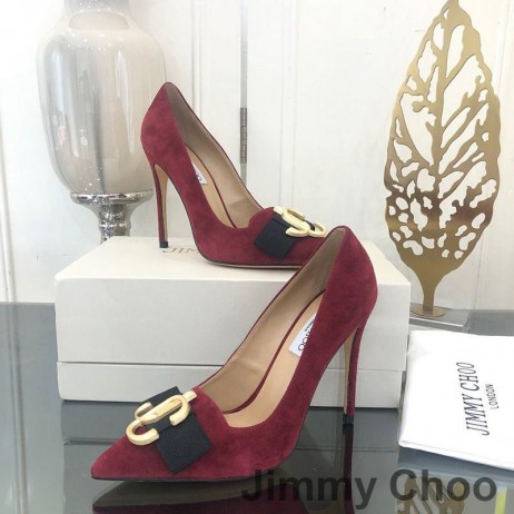 Jimmy Choo Ρι 100 Αντλίες Γυναικών Σουέτ Με JC Λογότυπο Και Grosgrain Τόξο Βουργουνδίας