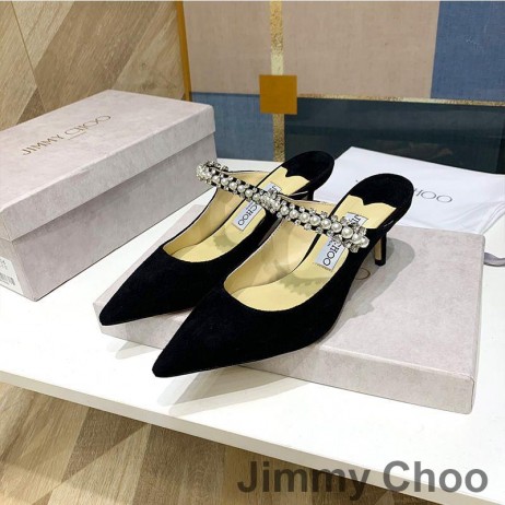 Jimmy Choo Bing Μουλάρια Γυναικών Σουέτ Με Κρύσταλλο Και Μαργαριτάρι Λουρί Μαύρο