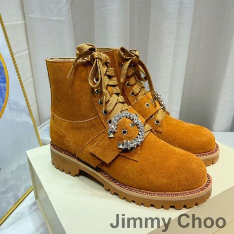Jimmy Choo Cora Επίπεδες Στρατιωτικές Μπότες Των Γυναικών Σουέτ Με Πόρπη Κρύσταλλο Καφέ
