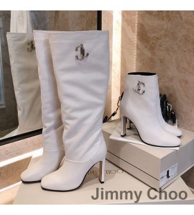 Jimmy Choo Mahesa 100 Γόνατο Μπότες για Γυναίκες Μόσχων Δέρματος Με το JC Έμβλημα Λευκό